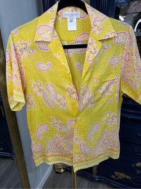 Paul & Joe Paris Paisley Camp Collar Button Down Shirt Yellow Pink XS EUC